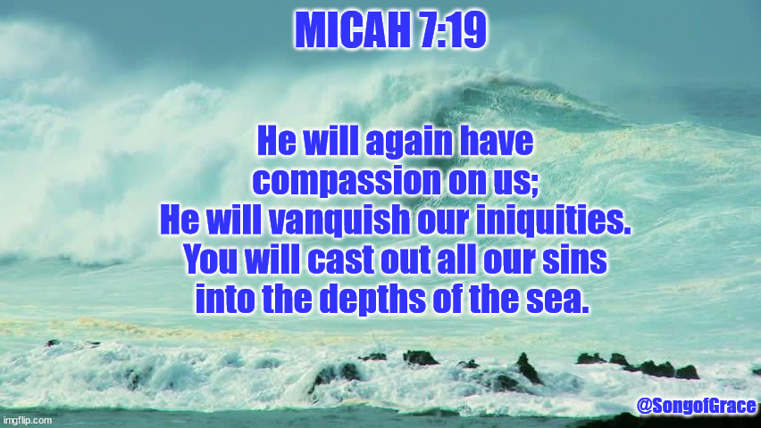 Micah 7:19 | MICAH 7:19; He will again have compassion on us;
He will vanquish our iniquities.
You will cast out all our sins
into the depths of the sea. @SongofGrace | image tagged in ocean waves,biblical encouragement | made w/ Imgflip meme maker