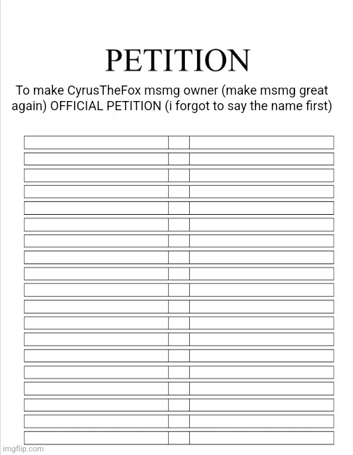 guys ignore the previous one, redo it here sorry | To make CyrusTheFox msmg owner (make msmg great again) OFFICIAL PETITION (i forgot to say the name first) | image tagged in the blank petition | made w/ Imgflip meme maker