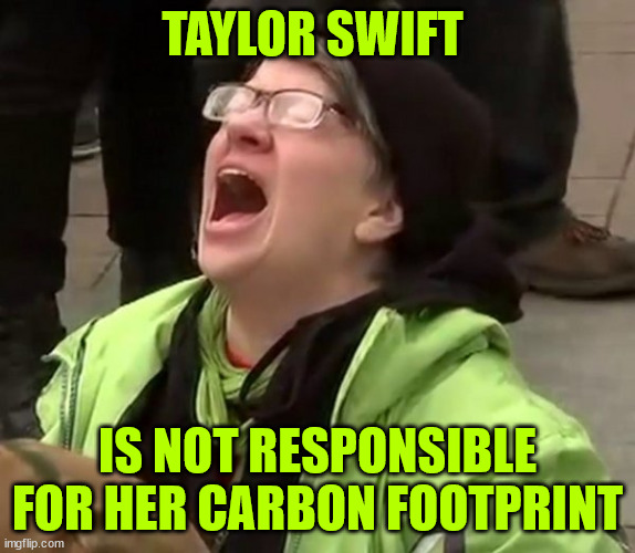 Crying Liberal | TAYLOR SWIFT IS NOT RESPONSIBLE FOR HER CARBON FOOTPRINT | image tagged in crying liberal | made w/ Imgflip meme maker