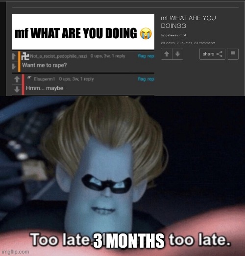 Just now you guys realize that random shit I did? | 3 MONTHS | image tagged in too late | made w/ Imgflip meme maker