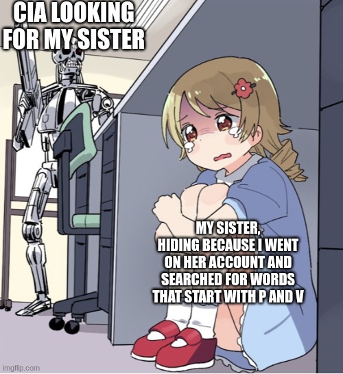 cia | CIA LOOKING FOR MY SISTER; MY SISTER, HIDING BECAUSE I WENT ON HER ACCOUNT AND SEARCHED FOR WORDS THAT START WITH P AND V | image tagged in anime girl hiding from terminator | made w/ Imgflip meme maker