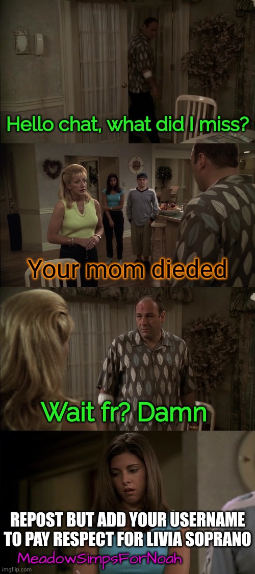 Sopranos if it was in MSmg (Part 1) | Hello chat, what did I miss? Your mom dieded; Wait fr? Damn; REPOST BUT ADD YOUR USERNAME TO PAY RESPECT FOR LIVIA SOPRANO; MeadowSimpsForNoah | made w/ Imgflip meme maker