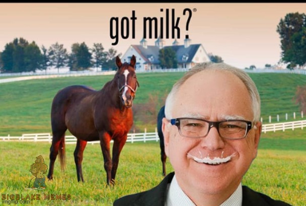 image tagged in milk,horse,tim walz | made w/ Imgflip meme maker