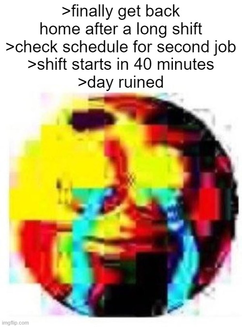 jus got back and gotta leave again in 20 minutes ;-; | >finally get back home after a long shift
>check schedule for second job
>shift starts in 40 minutes
>day ruined | image tagged in day ruined | made w/ Imgflip meme maker