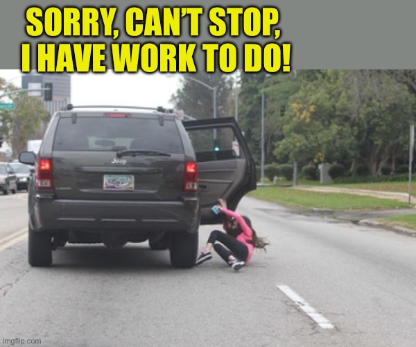 Kicked Out of Car | SORRY, CAN’T STOP,
 I HAVE WORK TO DO! | image tagged in kicked out of car | made w/ Imgflip meme maker