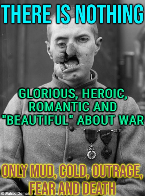 There Is Nothing; Glorious, Heroic, Romantic And "Beautiful" About War; Only Mud, Cold, Outrage, Fear And Death | THERE IS NOTHING; GLORIOUS, HEROIC, ROMANTIC AND "BEAUTIFUL" ABOUT WAR; ONLY MUD, COLD, OUTRAGE,
FEAR AND DEATH | image tagged in world war,war,world war 3,world war i,time to make world war 2 look like a tea party,world peace | made w/ Imgflip meme maker