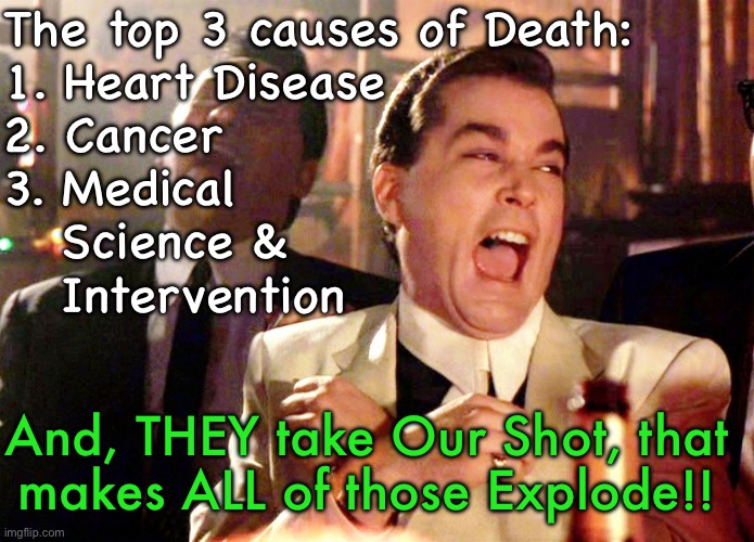 Helping THEM by committing Chemical Suicide | The top 3 causes of Death:
1. Heart Disease
2. Cancer
3. Medical
   Science &
   Intervention; And, THEY take Our Shot, that
makes ALL of those Explode!! | image tagged in memes,good fellas hilarious,any and all vaccines r poison,convax is the death sentence,fjb voters fkh voters kissmyass | made w/ Imgflip meme maker