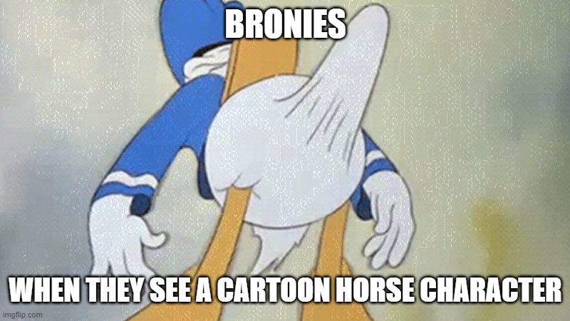 Donald Duck Boner | BRONIES WHEN THEY SEE A CARTOON HORSE CHARACTER | image tagged in donald duck boner | made w/ Imgflip meme maker