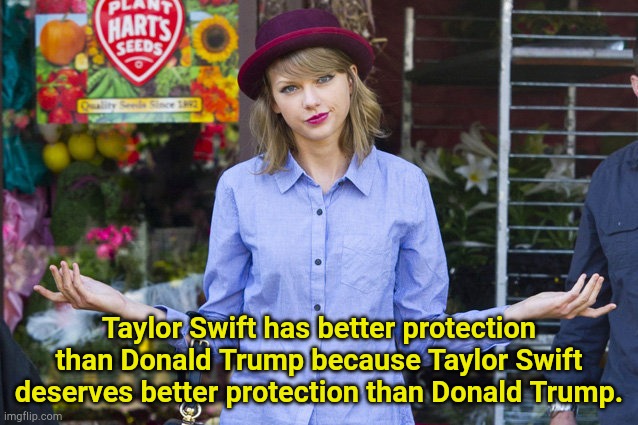 She has a cleaner record, for one thing. | Taylor Swift has better protection than Donald Trump because Taylor Swift deserves better protection than Donald Trump. | image tagged in taylor swift shrug | made w/ Imgflip meme maker