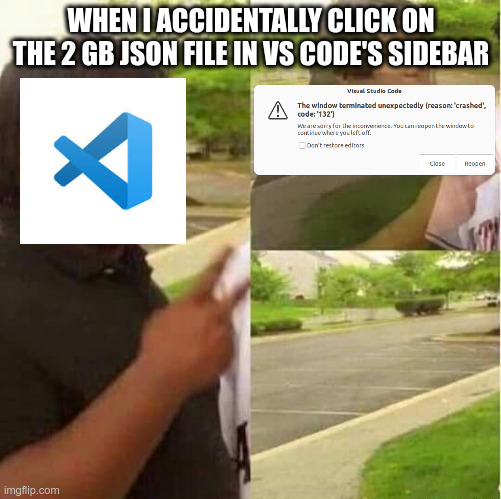 There should be a warning or something | WHEN I ACCIDENTALLY CLICK ON THE 2 GB JSON FILE IN VS CODE'S SIDEBAR | image tagged in programming,computer science,visual studio code,funny,crash,error 404 | made w/ Imgflip meme maker