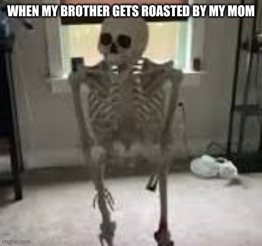 WHEN MY BROTHER GETS ROASTED BY MY MOM | image tagged in skeleton,bruh moment,mom,roasted | made w/ Imgflip meme maker