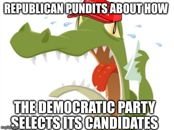 Republican crocodile tears for Biden | REPUBLICAN PUNDITS ABOUT HOW; THE DEMOCRATIC PARTY SELECTS ITS CANDIDATES | image tagged in maga crocodile tears,democratic party,presidential candidates,election 2024,memes,kamala harris | made w/ Imgflip meme maker