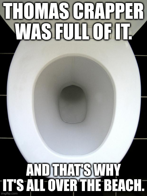 TOILET | THOMAS CRAPPER WAS FULL OF IT. AND THAT'S WHY IT'S ALL OVER THE BEACH. | image tagged in toilet | made w/ Imgflip meme maker