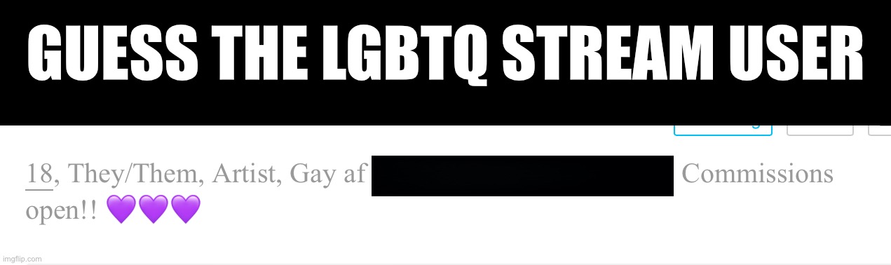 Guess the LGBTQ stream user #11 | GUESS THE LGBTQ STREAM USER | image tagged in lgbtq,guess who | made w/ Imgflip meme maker