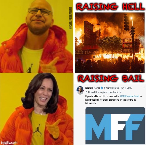 RAISING HELL; @CALJFREEMAN1; RAISING BAIL | image tagged in kamala harris,blm,donald trump,maga,presidential race,stupid liberals | made w/ Imgflip meme maker