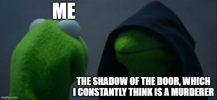 just me? | ME; THE SHADOW OF THE DOOR, WHICH I CONSTANTLY THINK IS A MURDERER | image tagged in memes,evil kermit | made w/ Imgflip meme maker