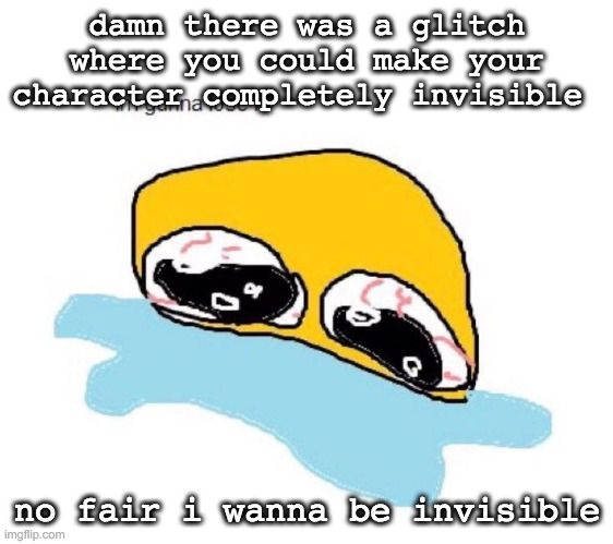 i FUCKING MISSED IT D: | damn there was a glitch where you could make your character completely invisible; no fair i wanna be invisible | image tagged in im gunna lose it | made w/ Imgflip meme maker