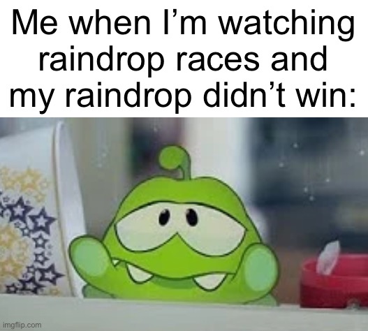 theory: the raindrop that wins dies | Me when I’m watching raindrop races and my raindrop didn’t win: | image tagged in blank white template,rain | made w/ Imgflip meme maker