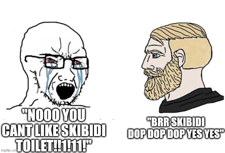 skibidi meme 3 | "BRR SKIBIDI DOP DOP DOP YES YES"; "NOOO YOU CANT LIKE SKIBIDI TOILET!!1!11!" | image tagged in soyboy vs yes chad,skibidi toilet | made w/ Imgflip meme maker