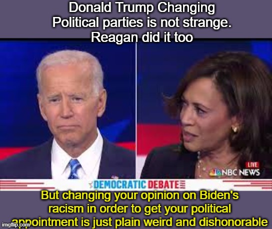Kamala pounces on Biden's Racism Annnd... it's Gone | Donald Trump Changing Political parties is not strange.
Reagan did it too; But changing your opinion on Biden's racism in order to get your political appointment is just plain weird and dishonorable | image tagged in kamala pounces on biden's racism | made w/ Imgflip meme maker