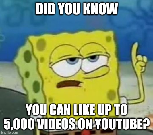 Liked videos | DID YOU KNOW; YOU CAN LIKE UP TO 5,000 VIDEOS ON YOUTUBE? | image tagged in memes | made w/ Imgflip meme maker