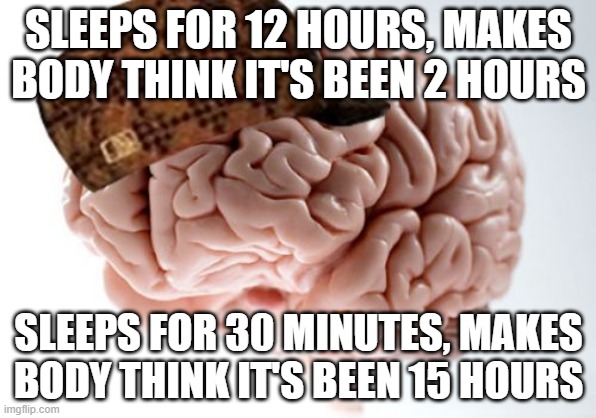 WHY DOES THIS HAPPEN?!?! | SLEEPS FOR 12 HOURS, MAKES BODY THINK IT'S BEEN 2 HOURS; SLEEPS FOR 30 MINUTES, MAKES BODY THINK IT'S BEEN 15 HOURS | image tagged in memes,scumbag brain,why,brain,sleep,tired | made w/ Imgflip meme maker