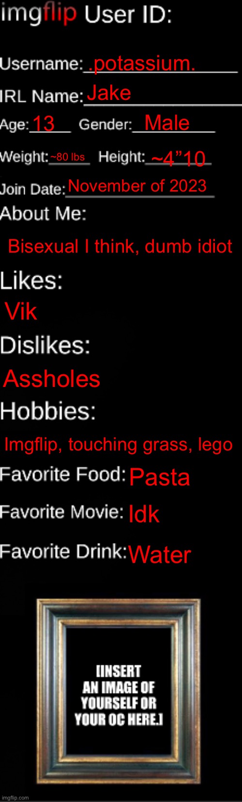 imgflip ID Card | .potassium. Jake; Male; 13; ~80 lbs; ~4”10; November of 2023; Bisexual I think, dumb idiot; Vik; Assholes; Imgflip, touching grass, lego; Pasta; Idk; Water | image tagged in imgflip id card | made w/ Imgflip meme maker