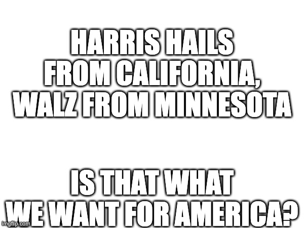 Make America California - MAC | HARRIS HAILS FROM CALIFORNIA, WALZ FROM MINNESOTA; IS THAT WHAT WE WANT FOR AMERICA? | image tagged in tim walz,kamala harris,california,minnesota,president,america | made w/ Imgflip meme maker