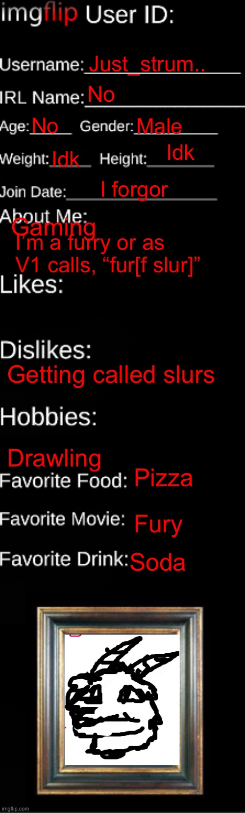 . | Just_strum.. No; No; Male; Idk; Idk; I forgor; Gaming; I’m a furry or as V1 calls, “fur[f slur]”; Getting called slurs; Drawling; Pizza; Fury; Soda | image tagged in imgflip id card | made w/ Imgflip meme maker