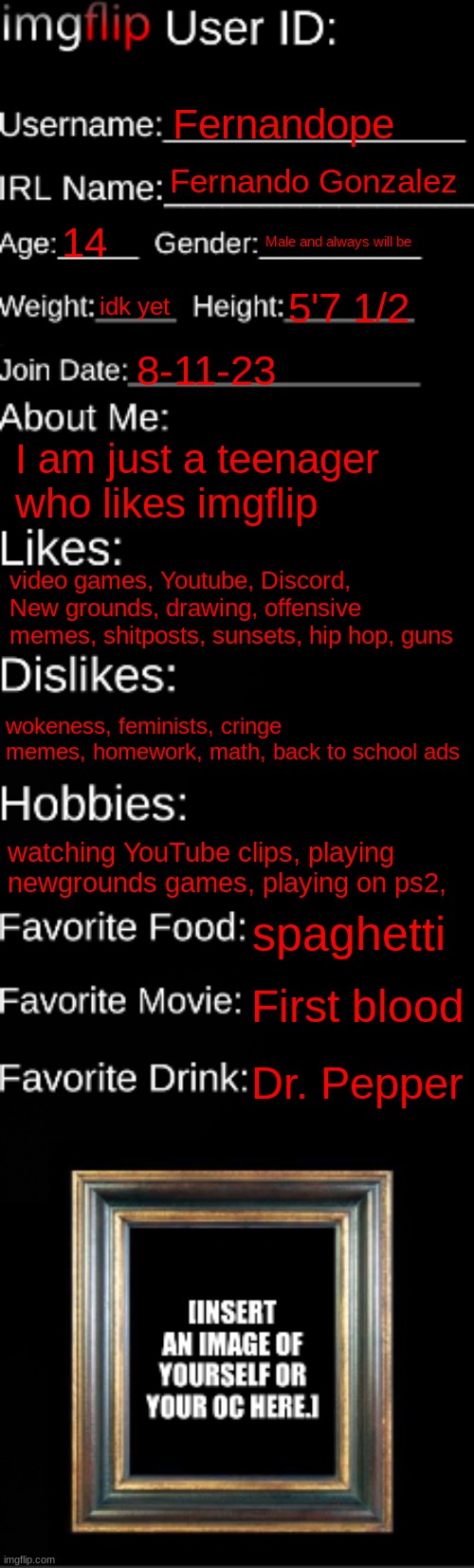 ImgFlip I.D [UPDATED] (no I'm not 14 yet but in 2 days I will be) | Fernandope; Fernando Gonzalez; 14; Male and always will be; idk yet; 5'7 1/2; 8-11-23; I am just a teenager who likes imgflip; video games, Youtube, Discord, New grounds, drawing, offensive memes, shitposts, sunsets, hip hop, guns; wokeness, feminists, cringe memes, homework, math, back to school ads; watching YouTube clips, playing newgrounds games, playing on ps2, spaghetti; First blood; Dr. Pepper | image tagged in imgflip id card | made w/ Imgflip meme maker