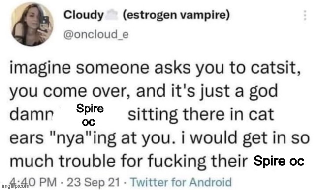 Catsitting | Spire oc; Spire oc | image tagged in catsitting | made w/ Imgflip meme maker