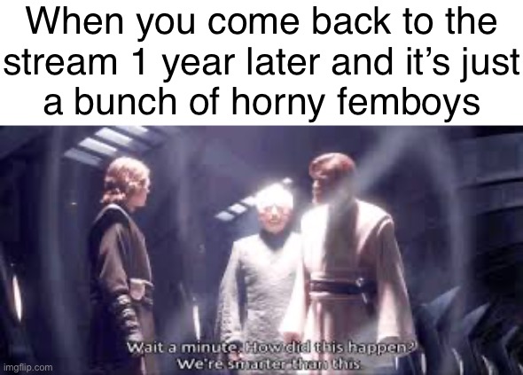 Smarter than this | When you come back to the
stream 1 year later and it’s just
a bunch of horny femboys | image tagged in smarter than this | made w/ Imgflip meme maker