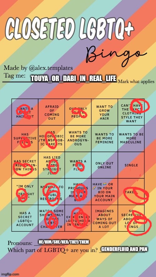 Closeted LGBTQ+ Bingo | TOUYA_OR_DABI_IN_REAL_LIFE; HE/HIM/SHE/HER/THEY/THEM; GENDERFLUID AND PAN | image tagged in closeted lgbtq bingo | made w/ Imgflip meme maker