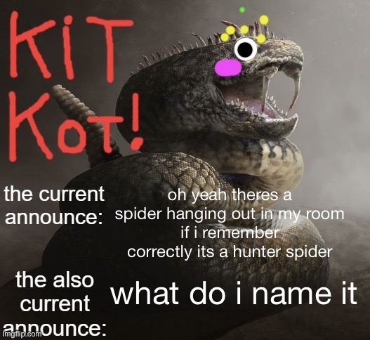 awsome sauce template by toelicker | oh yeah theres a spider hanging out in my room
if i remember correctly its a hunter spider; what do i name it | image tagged in awsome sauce template by toelicker | made w/ Imgflip meme maker