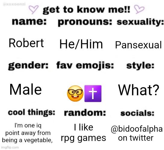 get to know me but better | Robert; He/Him; Pansexual; What? Male; 🤓✝️; @bidoofalpha on twitter; I like rpg games; I'm one iq point away from being a vegetable, | image tagged in get to know me but better | made w/ Imgflip meme maker