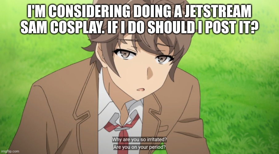 why so irritated? are you on your period? | I'M CONSIDERING DOING A JETSTREAM SAM COSPLAY. IF I DO SHOULD I POST IT? | image tagged in why so irritated are you on your period | made w/ Imgflip meme maker
