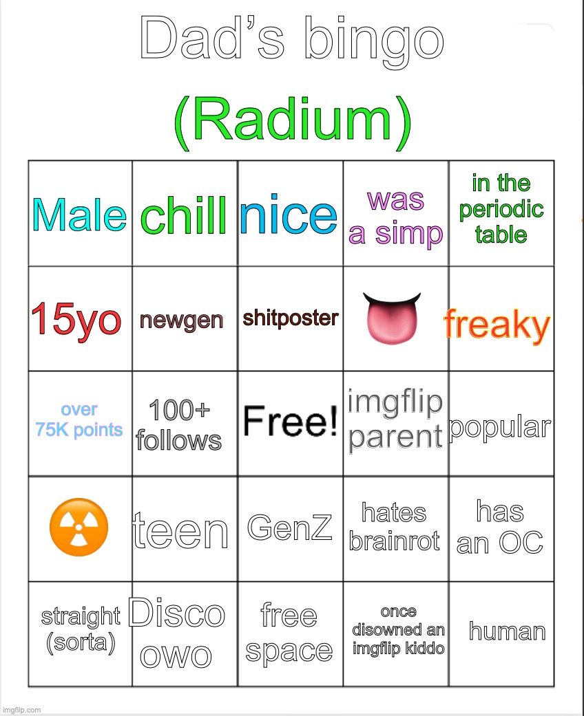 hemplo | (Radium); Dad’s bingo; nice; chill; in the periodic table; Male; was a simp; shitposter; 15yo; freaky; 👅; newgen; imgflip parent; over 75K points; popular; 100+ follows; ☢️; teen; has an OC; hates brainrot; GenZ; Disco owo; human; straight (sorta); free space; once disowned an imgflip kiddo | image tagged in blank bingo | made w/ Imgflip meme maker