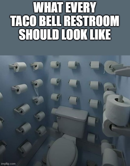 What Every Taco Bell Restroom Should Look Like | WHAT EVERY TACO BELL RESTROOM SHOULD LOOK LIKE | image tagged in bathroom,restroom,taco bell,toilet paper,funny,memes | made w/ Imgflip meme maker