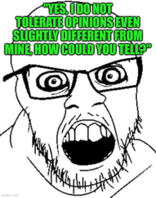 Gen alpha lore | "YES, I DO NOT TOLERATE OPINIONS EVEN SLIGHTLY DIFFERENT FROM MINE, HOW COULD YOU TELL?" | image tagged in soyjak mad eyes | made w/ Imgflip meme maker