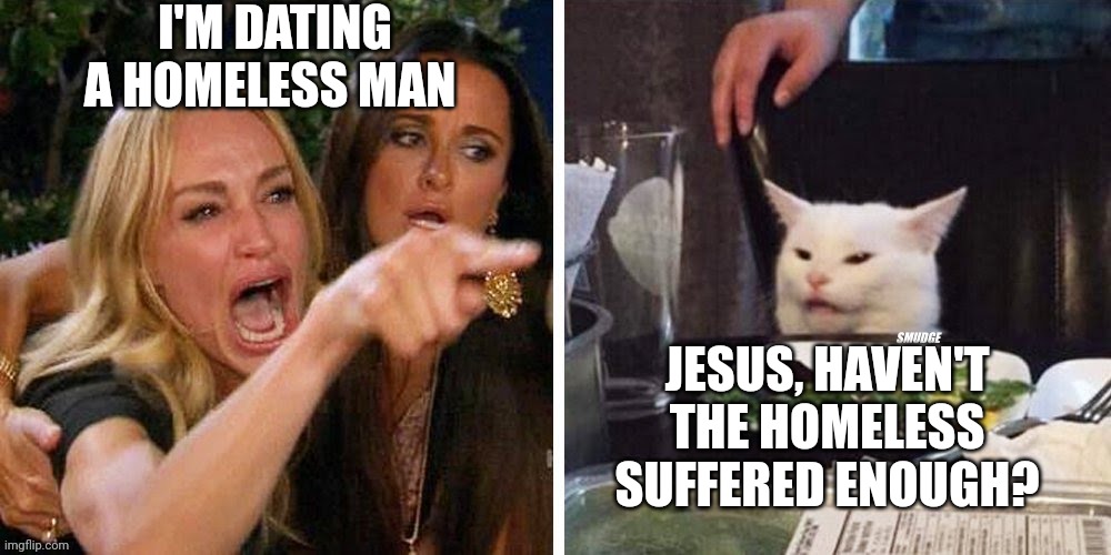 Smudge that darn cat with Karen | I'M DATING A HOMELESS MAN; JESUS, HAVEN'T THE HOMELESS SUFFERED ENOUGH? | image tagged in smudge that darn cat with karen | made w/ Imgflip meme maker