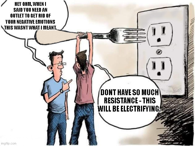 Depression and needing an Outlet | HEY OHM, WHEN I SAID YOU NEED AN OUTLET TO GET RID OF YOUR NEGATIVE EMOTIONS THIS WASNT WHAT I MEANT. DONT HAVE SO MUCH RESISTANCE - THIS WILL BE ELECTRIFYING. | image tagged in sticking fork in electric outlet,depression,dad jokes,depression humor | made w/ Imgflip meme maker