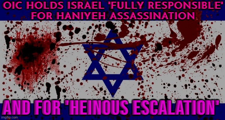 OIC says Israel ‘fully responsible’ for Hamas chief Haniyeh’s killing | OIC HOLDS ISRAEL 'FULLY RESPONSIBLE'
FOR HANIYEH ASSASSINATION; AND FOR 'HEINOUS ESCALATION' | image tagged in bloody israel flag,genocide,breaking news,palestine,world war 3,iran | made w/ Imgflip meme maker