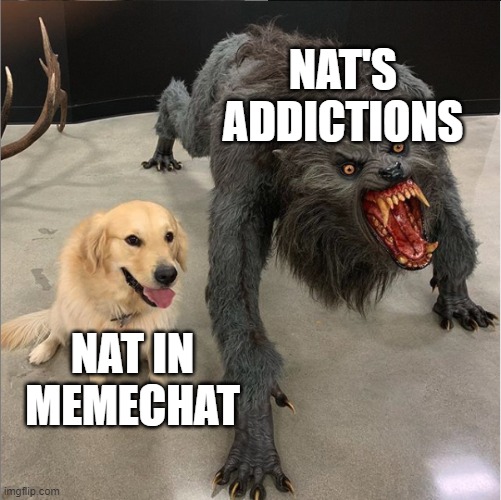 dog vs werewolf | NAT'S ADDICTIONS; NAT IN MEMECHAT | image tagged in dog vs werewolf | made w/ Imgflip meme maker