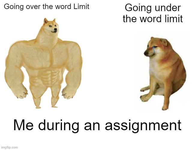 Word Limits | Going over the word Limit; Going under the word limit; Me during an assignment | image tagged in memes,buff doge vs cheems | made w/ Imgflip meme maker