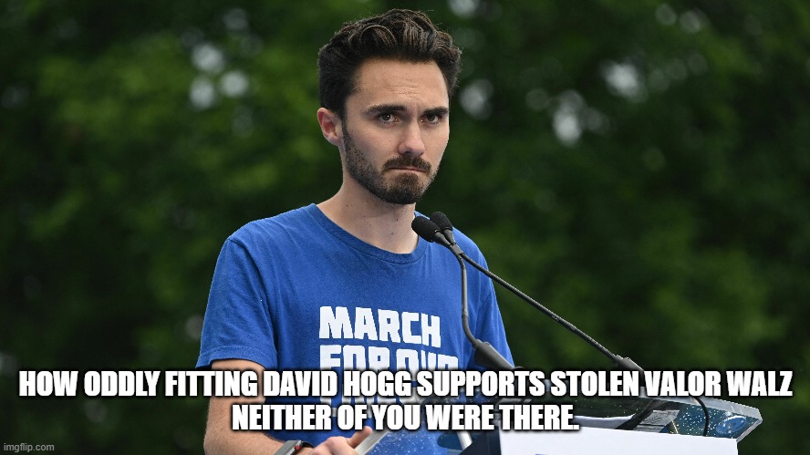 How oddly fitting David Hogg supports stolen valor Walz  Neither of you were there. | HOW ODDLY FITTING DAVID HOGG SUPPORTS STOLEN VALOR WALZ

NEITHER OF YOU WERE THERE. | image tagged in david hogg,walz | made w/ Imgflip meme maker