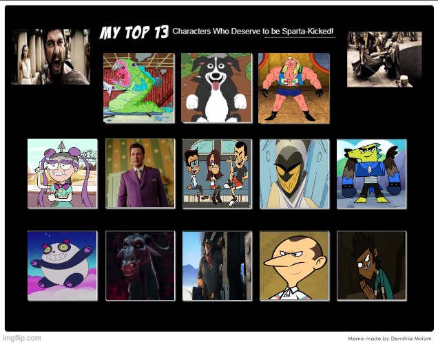 Top 13 Characters Who Deserve to be Sparta-Kicked! | image tagged in hazbin hotel,star vs the forces of evil,total drama,unikitty,spongebob,the loud house | made w/ Imgflip meme maker