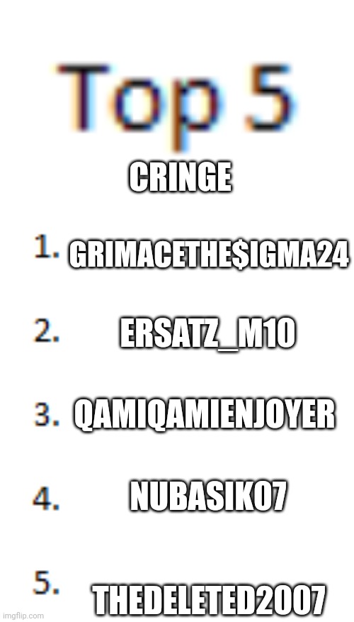 Top 5 List | CRINGE; GRIMACETHE$IGMA24; ERSATZ_M10; QAMIQAMIENJOYER; NUBASIK07; THEDELETED2007 | image tagged in top 5 list | made w/ Imgflip meme maker