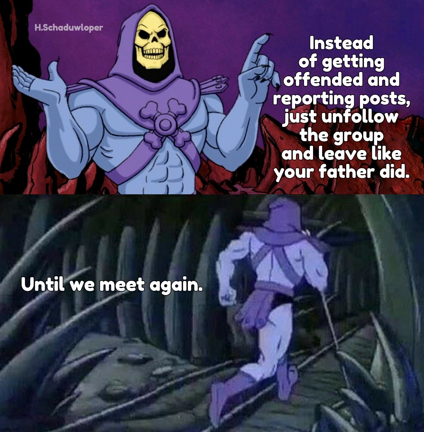 snowflakes | H.Schaduwloper; Instead of getting offended and reporting posts, just unfollow the group and leave like your father did. Until we meet again. | image tagged in he man skeleton advices | made w/ Imgflip meme maker