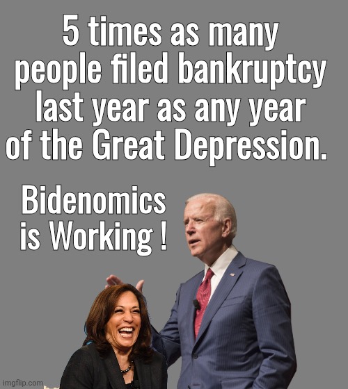 Bidenomics is working | 5 times as many people filed bankruptcy last year as any year of the Great Depression. Bidenomics is Working ! | image tagged in blank grey,joe biden,kamala harris,liar liar | made w/ Imgflip meme maker