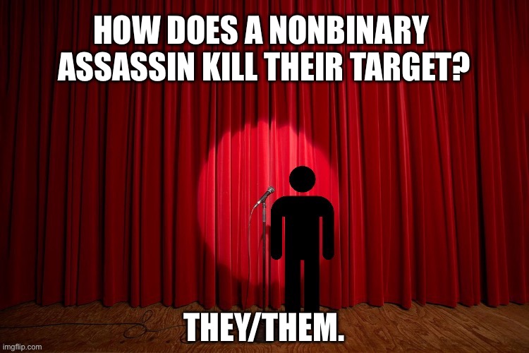 how does a non binary assassin kill their target? | HOW DOES A NONBINARY 
ASSASSIN KILL THEIR TARGET? THEY/THEM. | image tagged in stick figure performance,stand up comedian,stand up,lgbtq,nonbinary,pronouns | made w/ Imgflip meme maker